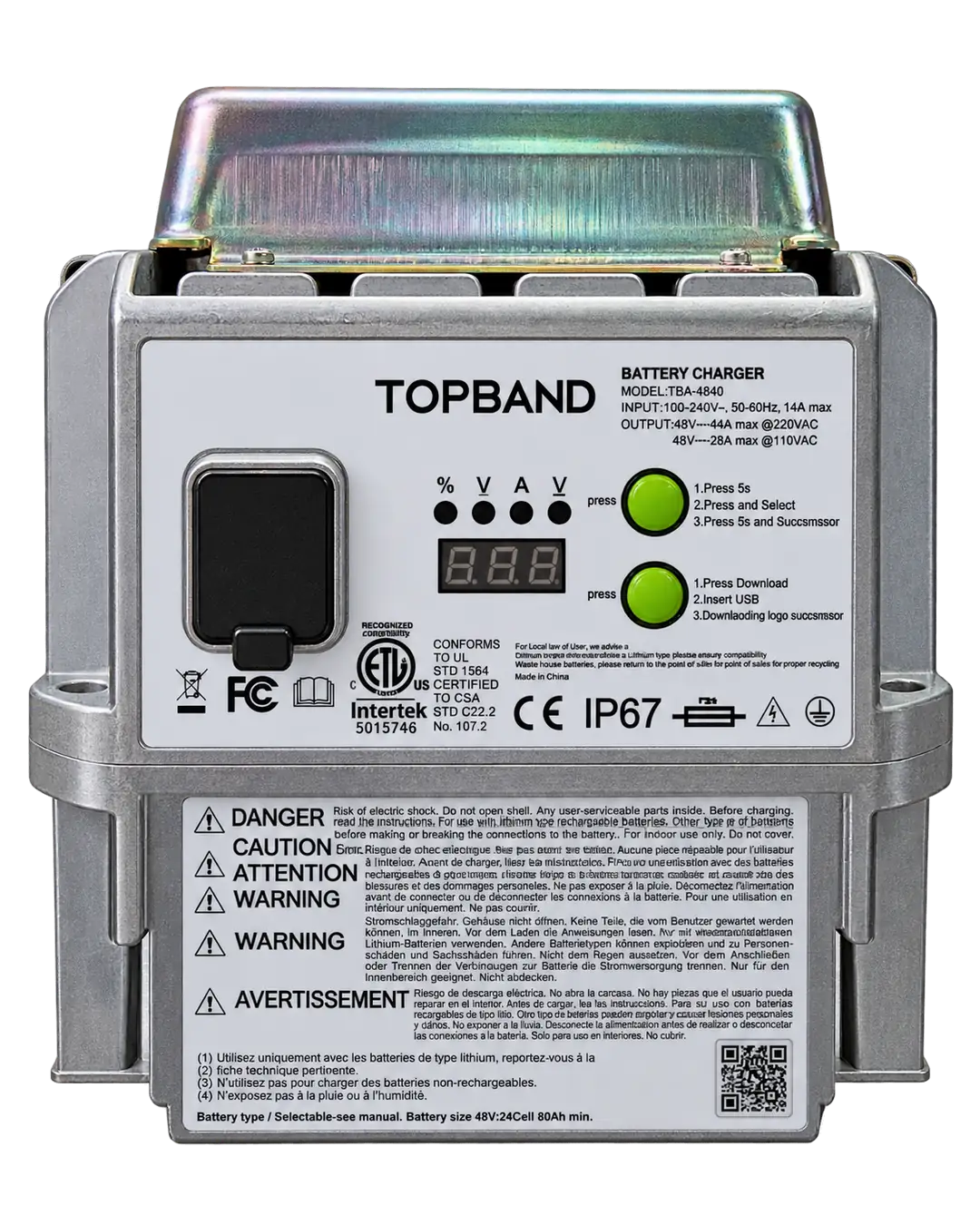 Ürün görseli: TOPBAND TBA-4840 48V 40A IP67 Akıllı Akü Şarj Cihazı – CAN Destekli Endüstriyel Şarj Ünitesi
