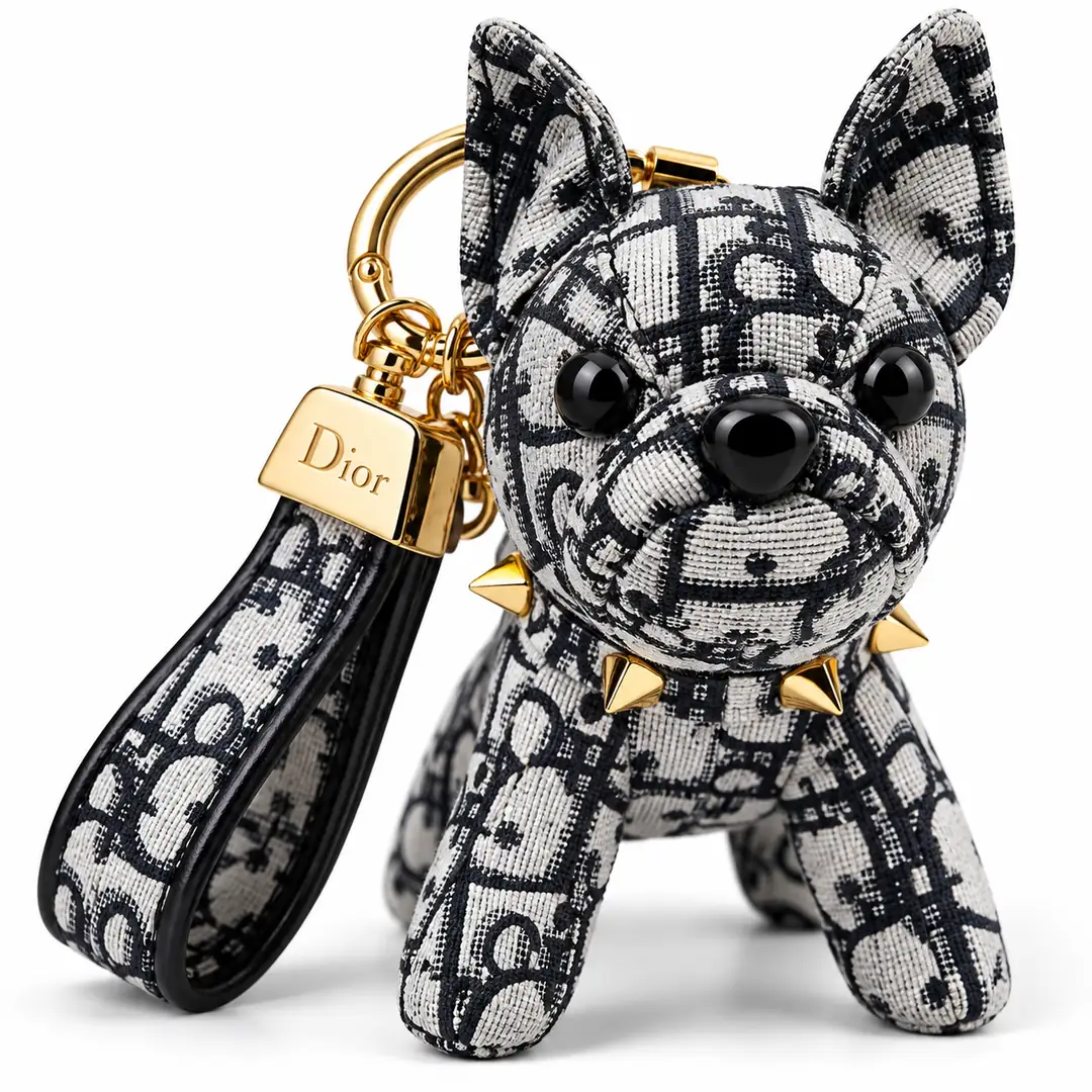 Ürün görseli: Köpek Figürlü Çanta Charm – Siyah Beyaz Monogram Desenli, Altın Renk Metal Aksesuarlı Çanta Süsü - Kahverengi